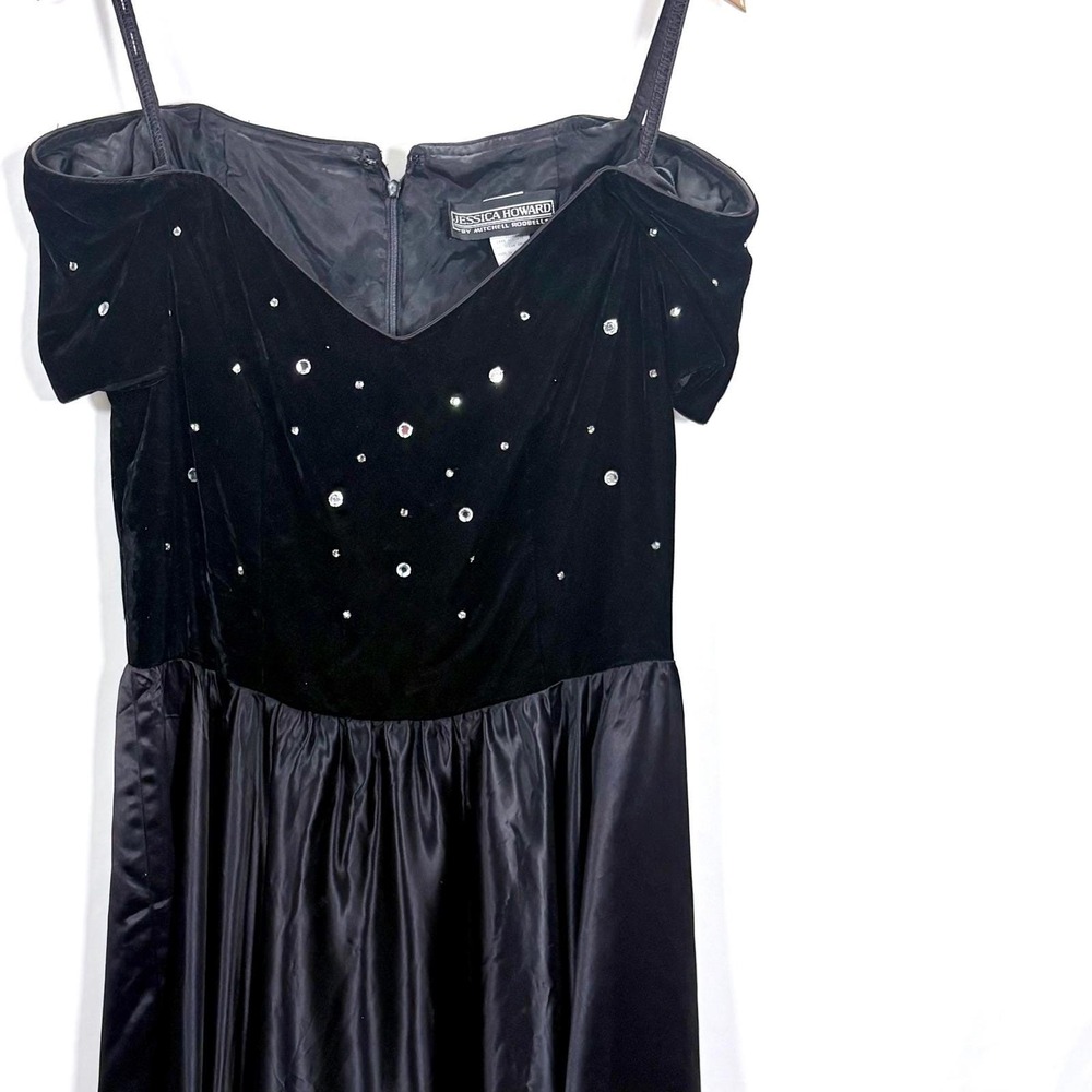 VTG Jessica Howard Black Velvet Rhinestone Off the Shoulder Party Dress 90s Glam